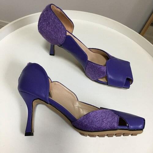2021 summer Woman Party high heels Shoes Hollow Out Runway Shoes slip on Square Toe sandals purple black Fashion pumps FT1615