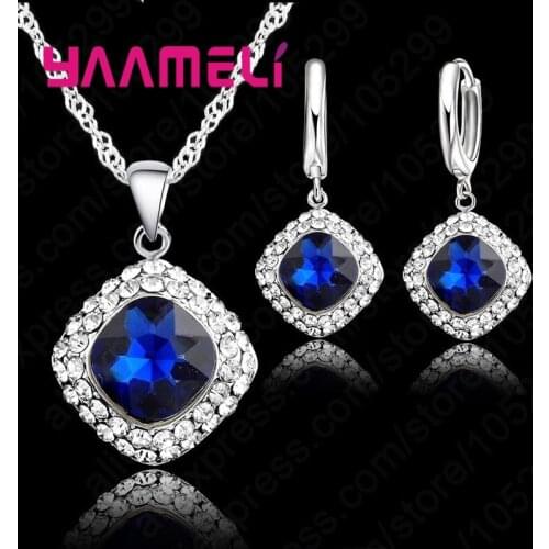 Women Square Blue Crystal 925 Sterling Silver Jewelry Sets For Wedding Engagement Accessory Pendant NecklaceEarring Set