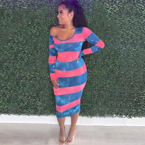 Gradient Color Striped Print Skinny Dress for Women Scoop Neck Full Sleeve Pencil Dresses Autumn Ladies Body-shaping Vestidos