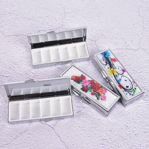 1PCS New Mini Metal Container Box 6 Slots Floral Print Push Open Pill Storage Organizer 85mm*35mm*15mm