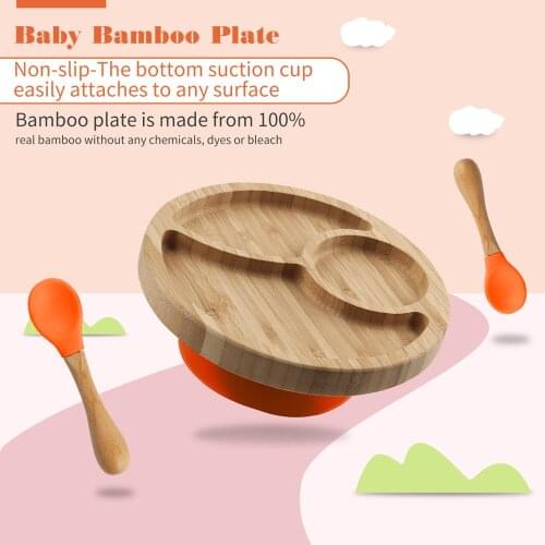 3/set Baby Feeding Three-piece bamboo bowl Dinner Plate Feeding Tableware With Silicone Suction Cup Wooden Spoon Children Goods
