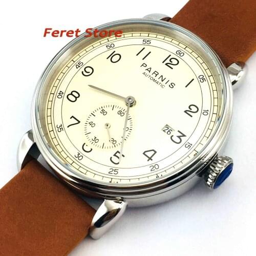 42mm PARNIS beige dial Coffee leather strap Stainless steel case Arab mark date window sea-gull 1731 automatic mens watch 2962
