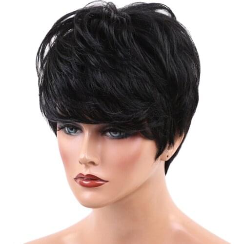 African American Lady Afro Curly Hair Short Human Hair Full Wigs Side Bangs