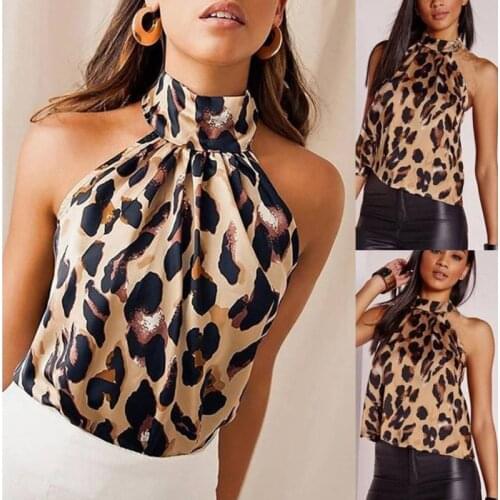 Women Blouses Sexy Leopard Print Ladies Shirts Halter Blouse Sexy Halter Sleeveless Crop Top Vintage Femme Summer Blusas Camisas