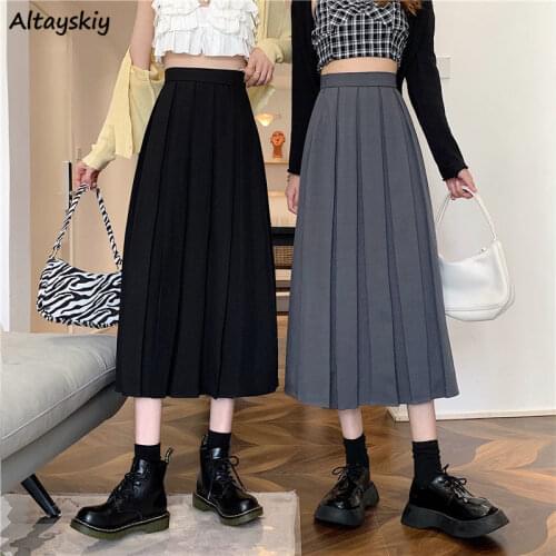 Long Skirts Women Pleated Chic Friend Basic Autumn College Girls Bottom All-match Casual High Waist Teens Mujer Faldas Vintage