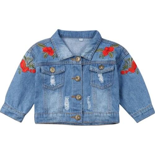 Baby Girl Rose Embroidery Blue Denim Jacket Top 1-5Y Kids Children Autumn Fashion Casual Long Sleeve Outerwear Coat