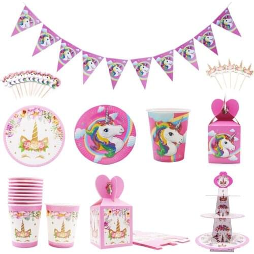 Unicorn Party Supplies Pink Rainbow Unicorn Banner Plates Cups Napkin Cupcake Toppers Baby Shower Kids Birthday Party Decoration