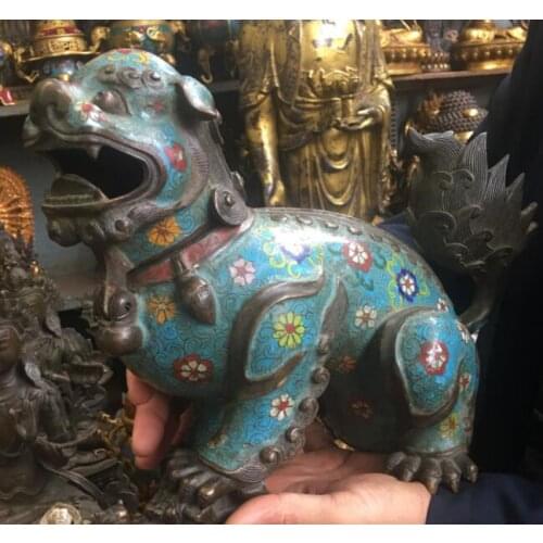 China Bronze Gild Cloisonne Enamel Fengshui Foo Fu Dog Lion Beast Statue