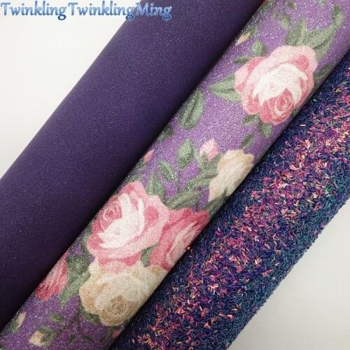 Purple Glitter Fabric, Flowers Faux Fabric, Sparkle Synthetic Leather Fabric Sheets For Bow A4 21x29CM Twinkling Ming XM870