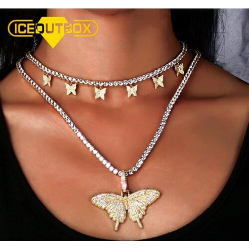 ICEOUTBOX With Drip Butterfly Pendant 4mm 1 Row Tennis Chain Necklace Hip Hop Jewelry Gold Men Women Necklace Link Adjustable