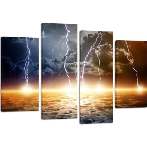 Natural Landscape Paintings Wall Art Lightning Strikes Clouds 4 Panel Picture Print Canvas for Home Decoration