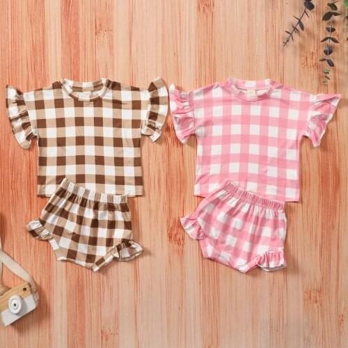 2 Pcs Newborn Plaid Outfits, Toddler Summer Ruffle Sleeve Round Neck T-shirt + Shorts