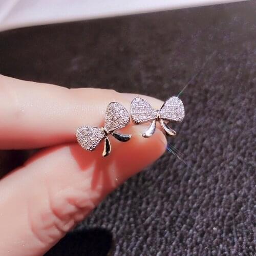 Fashion Lovely Pure Silver Color Bow Earrings Shiny Zircon Bowknot Stud Earrings Pendientes Boucles D'oreilles Oorbellen