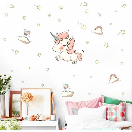 Rainbow Unicorn Wall Stickers for Kids Rooms Decorate PVC Baby Cartoon Reflective Stickers on the Wall Decals Decorative Mural