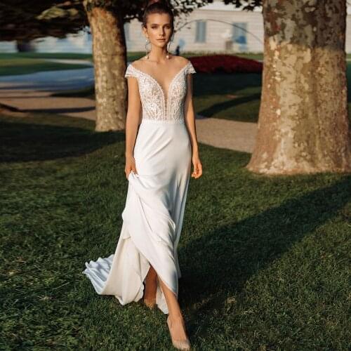 Charming Sheer Neck Boho Wedding Dress Simple Cap Sleeves Chiffon Beach Bride Dress 2020 Bridal Gown Customized