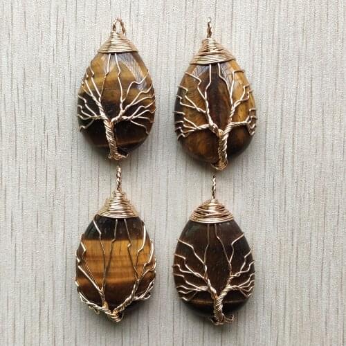 Wholesale 4pcs/lot fashion Gold Color Wire Wrap handmade tree of life drop shape natural tiger eye stone Pendants free shipping
