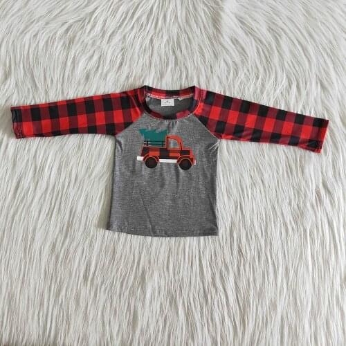 Wholesale Children Long Sleeve T-shirt Boy Christmas Truck Print Raglan Shirt Toddler Red And Black Plaid Top