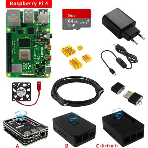 Original Raspberry Pi 4B Starter Kit 16/32/64GB SD Card + Power Adapter + Cooling Fan + Heat Sink for Raspberry Pi 4 Model B