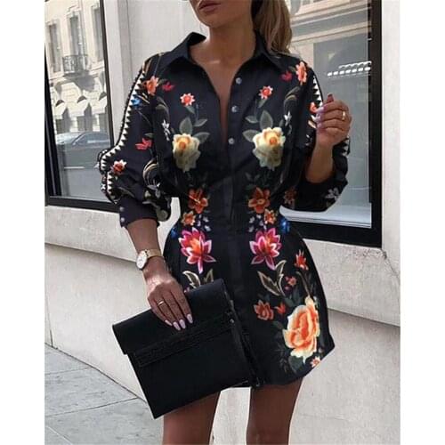 CHRONSTYLE 2020 Sexy Women OL V-neck Long Sleeve Blouse Dress Print High Waist Button Down Shirt Dress Casual Loose Mini Dresses