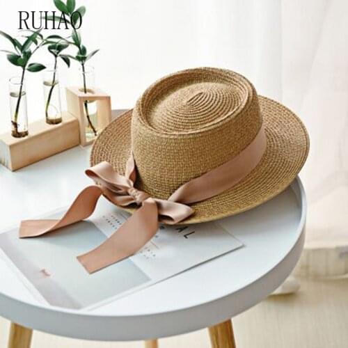 RUHAO Womens Summer Beach Straw Hat Boater Cap With Ribbon Bow For Vacation Holiday Audrey Hepburn wide brim visors Sun hat