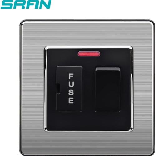 SRAN UK wall socket 13A fuse electrical switch with Red indicator, brushed stainless steel panel 86mm*86mm White / Black