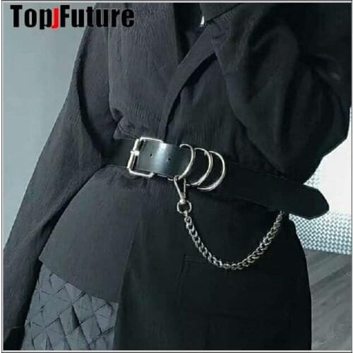 European and American dark punk style metal chain leather belt dress suit ins womens fashion pin buckle belt
