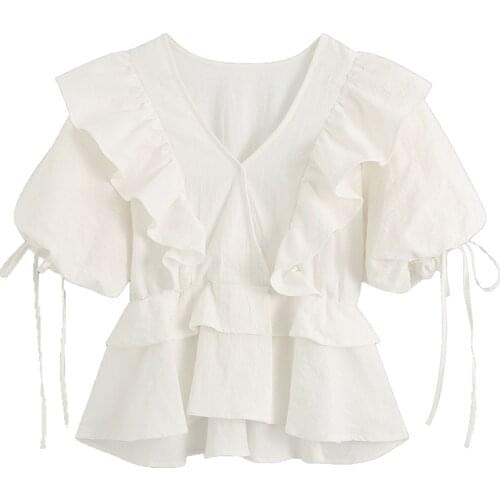 2021 Summer Girls Tops Women Casual Elegant Cute Office Sexy V-Neck Cotton Linen White Ruffle Short Lantern Sleeve Shirt Blouse