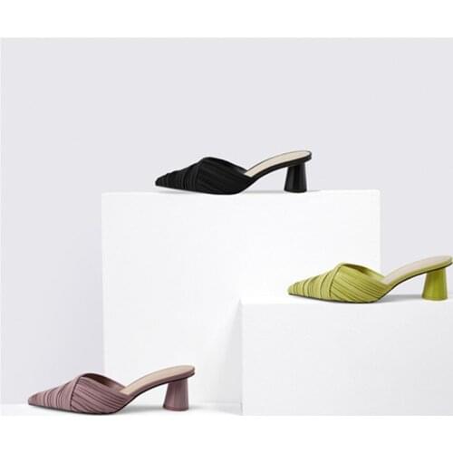 Ladies Pointed Fashion High Heel Sandals2021New Thick Heel Pleated Vamp Muller Slippers Fashion Fairy Sandals Single Shoes Brand