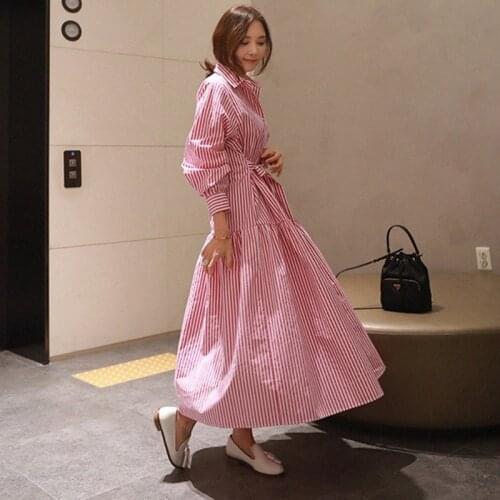 Women Striped Shirt Long Dress Slash Bow Up Korean Fashion Female Long Section Asymmetry Dress Autumn Spring