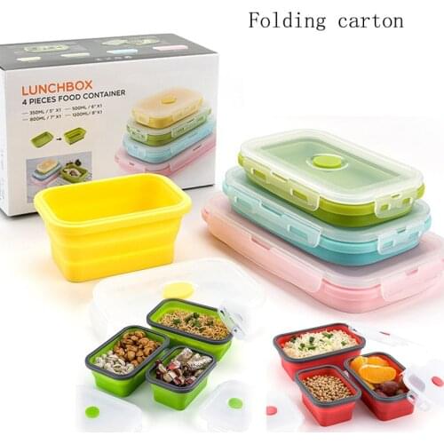4Sizes Silicone Collapsible Lunch Box Food Storage Container Colorful Microwavable Portable Picnic Camping Rectangle Outdoor Box