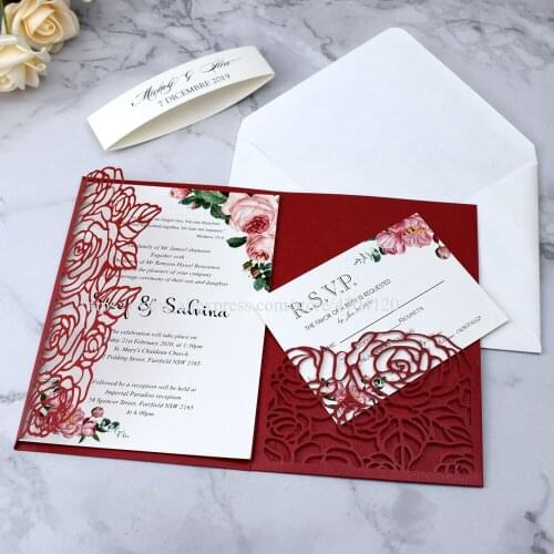 50pc Plum Laser Cut Wedding Invitation Card Pocket, Elegant Flower Personalized Print Quinceanera Invitation with Cream Belt