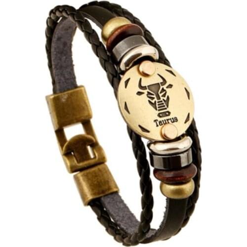 Twelve Constellation Bracelet Rope String Wooden Bead Coin Constellation Carved Leather Wristband Bracelet For Women Men Jewelry