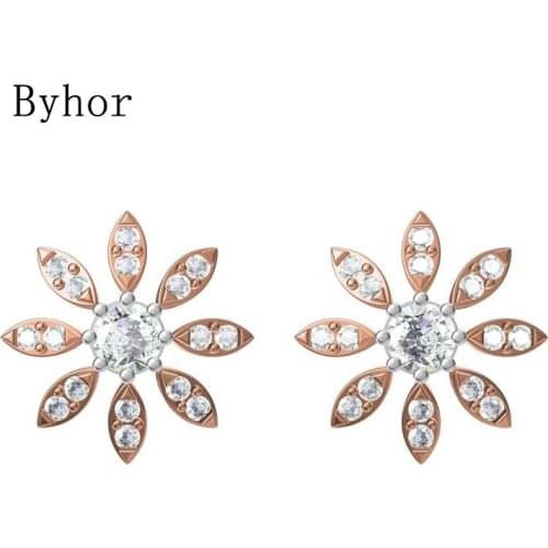 Byhor Solid 14K White/Yellow+White/Rose+White Gold 0.792ct H/SI Natural Diamonds Stud Earrings Women Flower Cерьги Fine Jewelry