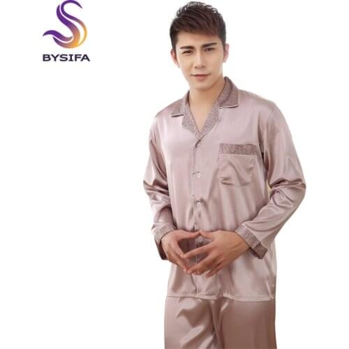 [BYSIFA] Grey Men Silk Pajamas Set Fashion Modern Style Male Home Apparel Sleep Lounge Plaid Nightwear Two-set Nightshirt