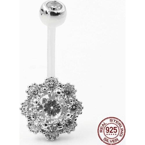 Zircon stone crystal floral belly button ring navel piercing jewelry for women 925 sterling silver body piercing hyboallergenic