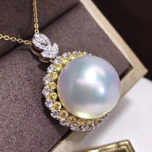 D404 Pearl Pendant Fine Jewelry Solid 14k Gold Natural 13-14mm Round Fresh Water White Pearls Pendants Necklaces for Women