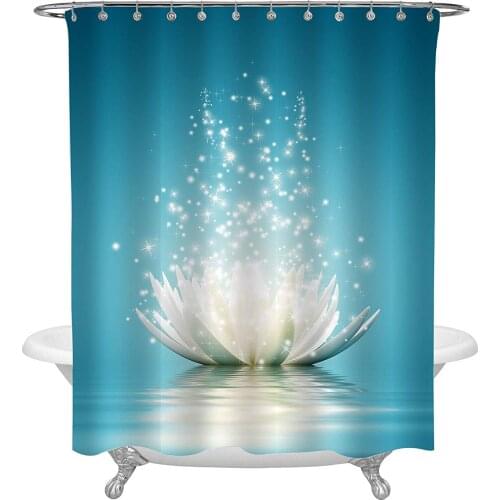 Artistic Hand Painting Bright Waterlily Art Deco Shower Curtain for Spa Spiritual Relaxation Decor Turquoise White