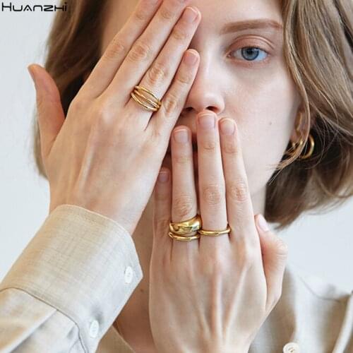 HUANZHI 2021 Retro Geometric Multi-layer Hollow Simple Metal Gold Silver Color Opening Adjustable Rings for Women Girl Jewellery