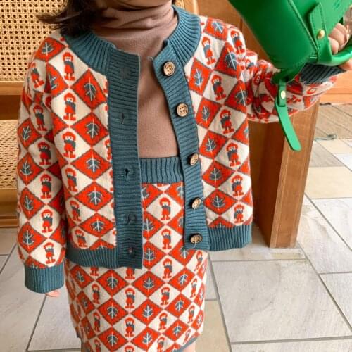 8970 Children Clothing Set Girl Sweater Suit Autumn Winter Knitted Girls Two-piece Set Cardigan+Suspender Skirt Kids Suit