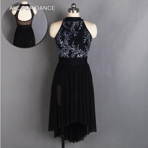Halter Neck Lyrical and Contemporary Dance Costume Black Spandex and Sequin Bodice Long Mesh Dress for Ballet Dancing