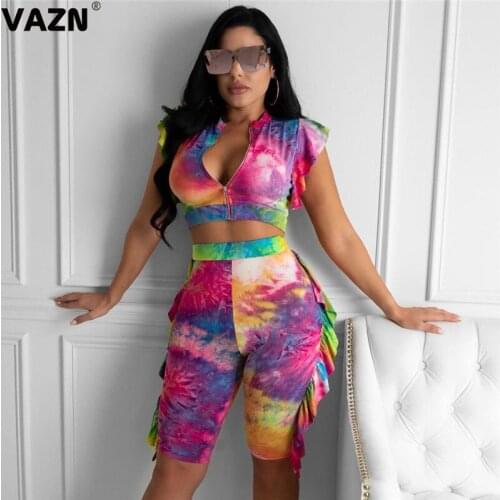 VAZN Fashion design 2020 summer sexy lady red print 2-piece mid set sleeveless V-neck zipper fly tops mid pants set ruffles sets