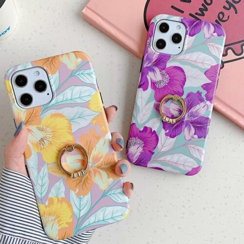Fashion Flower Leaves Plants Soft TPU Phone Case for iPhone 12 Mini 11 Pro XS Max XR SE 2020 Finger Ring Holder Stand Back Cover