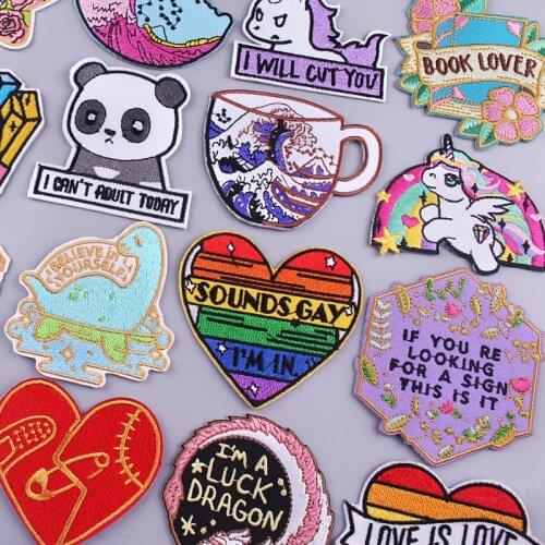 Pulaqi Cartoon Anime Embroidered Patches For Clothing Cute Love/Dinosaur Sewing Applique Patch Iron On Patches On Clothes Stripe