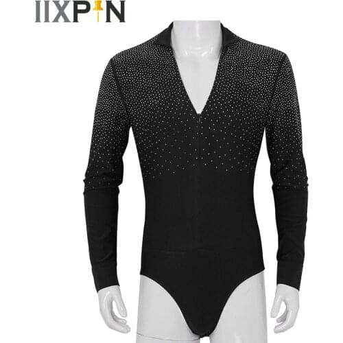 Men Latin dance Shiny Rhinestones V-neck Stand Collar Long Sleeve Ballroom Tango Rumba Dance Shirt Leotard Bodysuit Shirt Tops