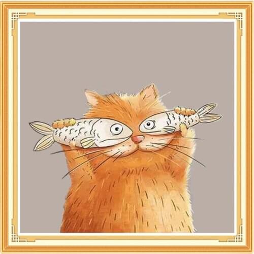 DIY Printed Cross stitch Kit,Sets For Embroidery Full Cross-Stitching Silk Needlework Cat Fishes