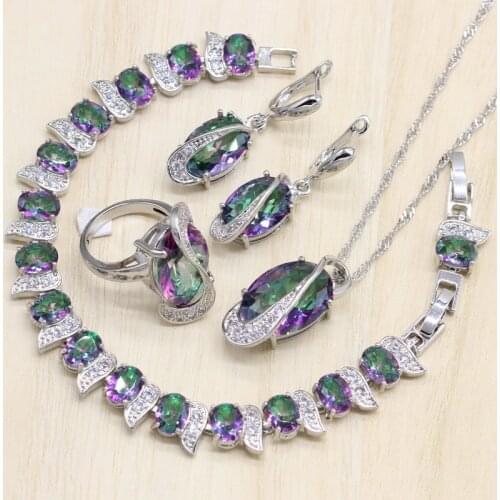 Mystic Rainbow Cubic Zirconia Jewelry Sets Silver Color Jewelry Decorations for women Earrings/Pendant/Necklace/Ring/Bracelet