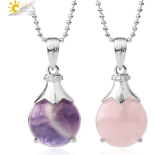 CSJA Natural Crystal Stone Pendant Necklaces Pink Quartz Flatback Hollow Tiny Pendants Reiki Charm Jewelry for Women Collar G553