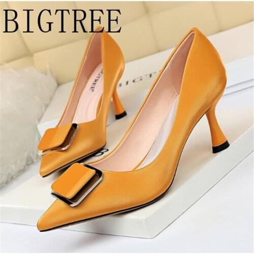 Women Sexy High Heels Shoes Buckle Square buckle PU Pointed Toe Thin Heels 8CM Wonen Pumps Fashion Office Shoes
