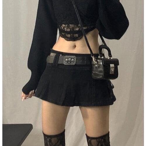 Women Gothic Sexy Low Waist Pleated Micro Denim Skirt Harajuku Solid Color A-Line Flare Hem Slim Streetwear with Pockets