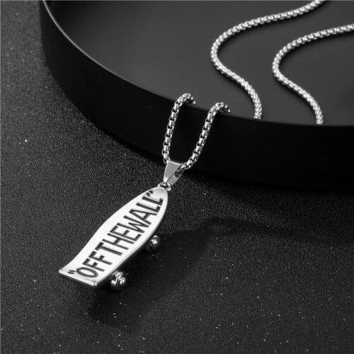 Yungqi Punk Skateboard Pendant Mens Sport Skateboard Long Necklaces Hip Hop Stainless Steel Chain Geometric Necklace Jewelry